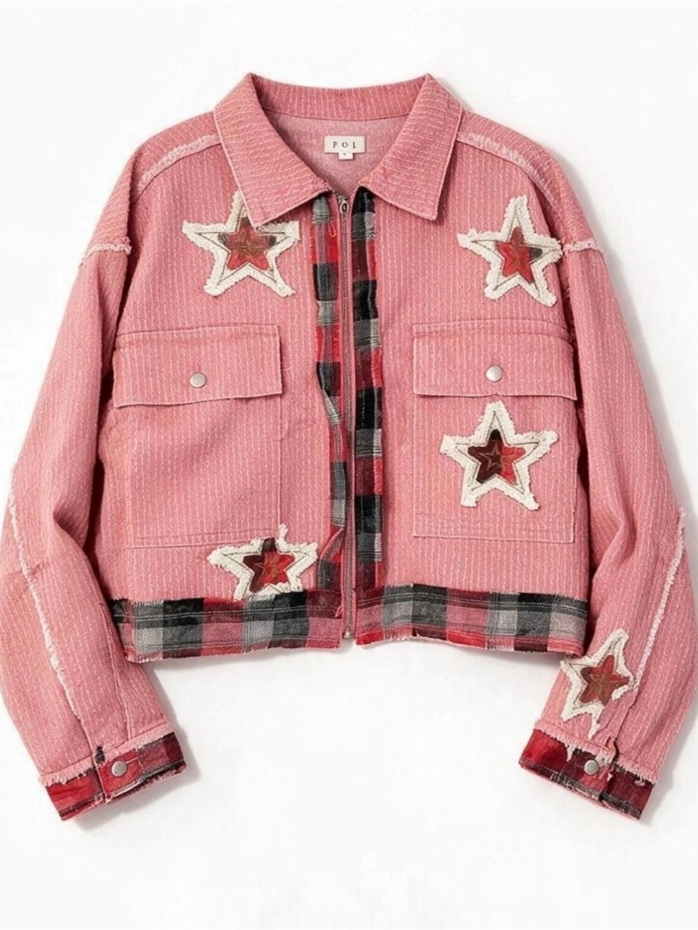 POL Clothing Pink Textured Twill Star Patch Plaid Relaxed Fit Zip Up Jacket Sz L